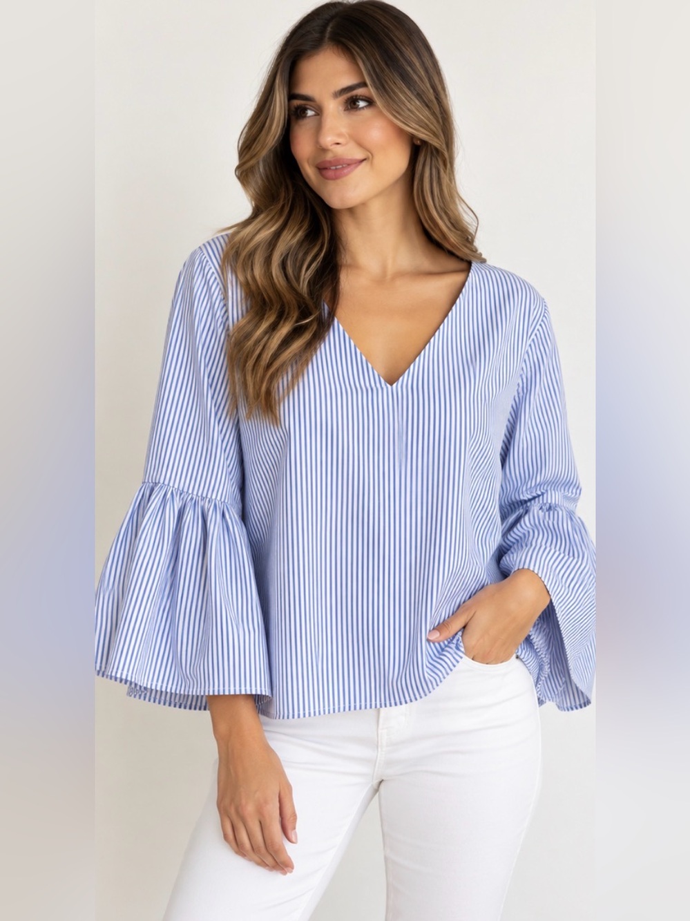 Banana Republic XL Blue White Striped Fluted Sleeve V-Neck Blouse